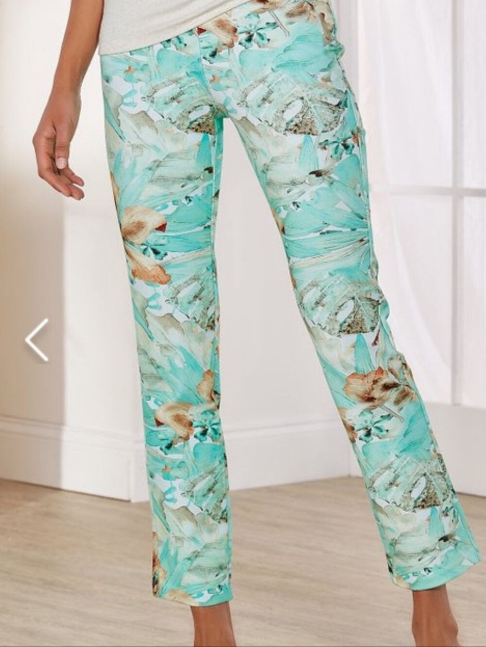 Soft Surroundings Pull-on Pant, L, Ponte, Paloma Palm, Aqua, Ankle Pants, EUC